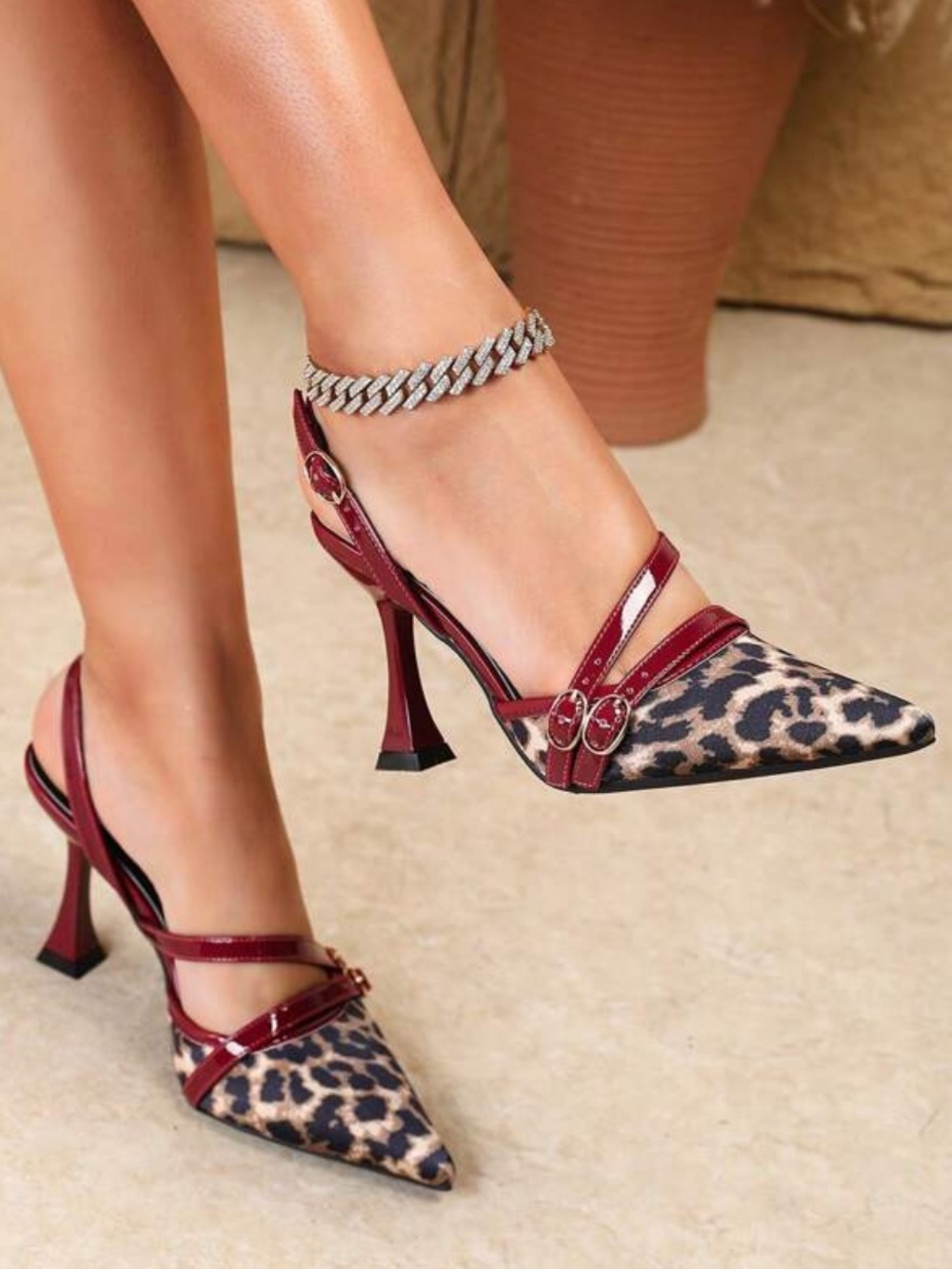 Leopard Print Pointed Toe Slingback Heels with Cherry Wine Patent Strap